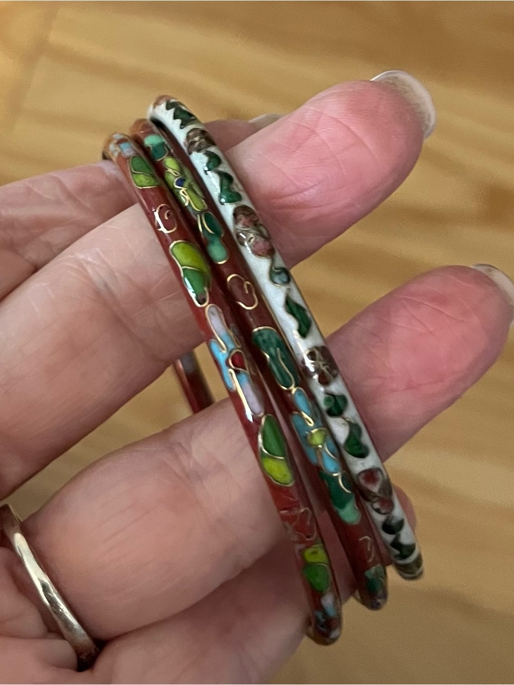 Vintage Cloisonné Style Green & Red Enamel Bangle Set of 3 - Women Jewelry